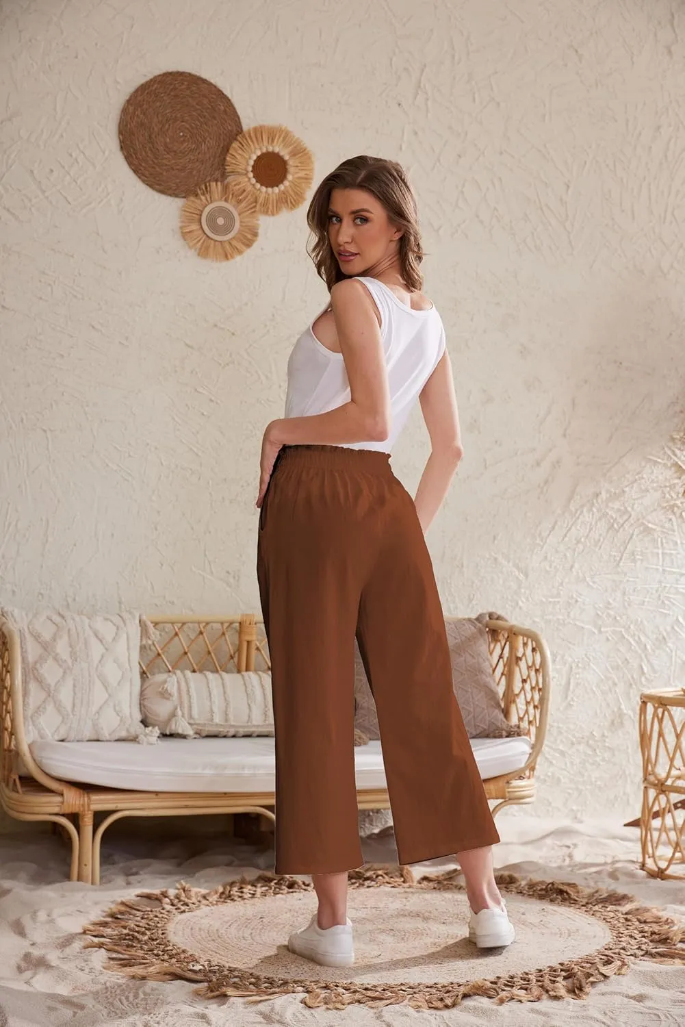 Womens Linen Pants Elastic High Waisted Wide Leg Drawstring Casual Loose Cropped Pants with Pockets