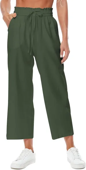 Womens Linen Pants Elastic High Waisted Wide Leg Drawstring Casual Loose Cropped Pants with Pockets
