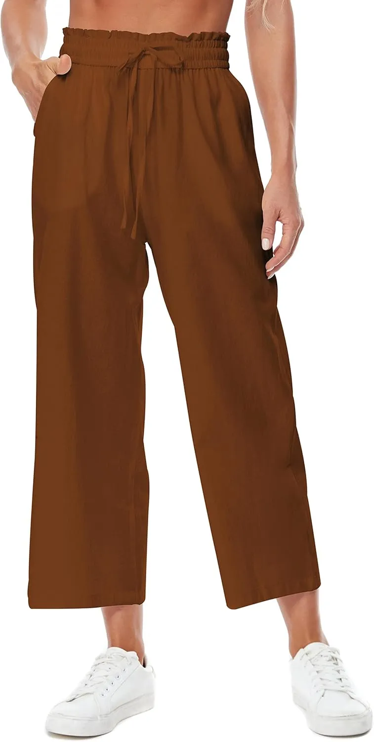 Womens Linen Pants Elastic High Waisted Wide Leg Drawstring Casual Loose Cropped Pants with Pockets