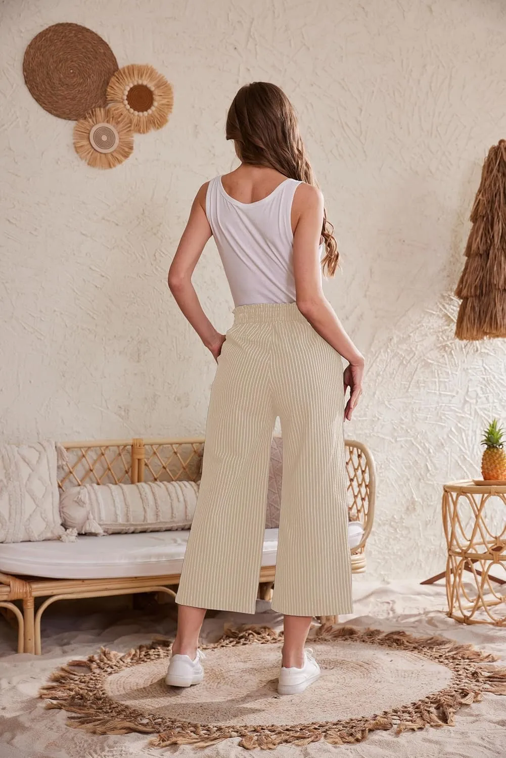 Womens Linen Pants Elastic High Waisted Wide Leg Drawstring Casual Loose Cropped Pants with Pockets