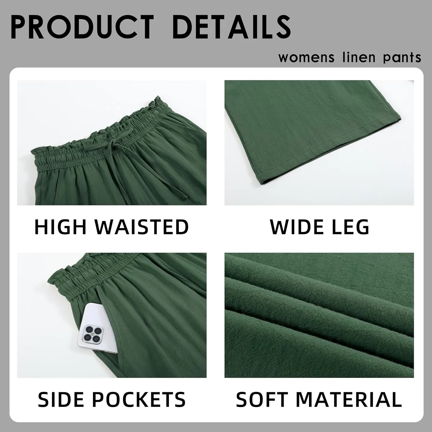 Womens Linen Pants Elastic High Waisted Wide Leg Drawstring Casual Loose Cropped Pants with Pockets