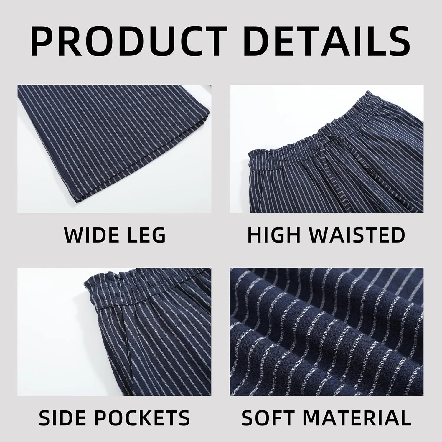 Womens Linen Pants Elastic High Waisted Wide Leg Drawstring Casual Loose Cropped Pants with Pockets