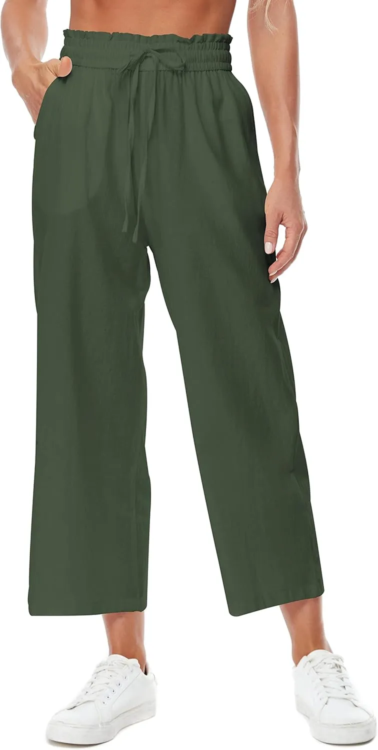 Womens Linen Pants Elastic High Waisted Wide Leg Drawstring Casual Loose Cropped Pants with Pockets