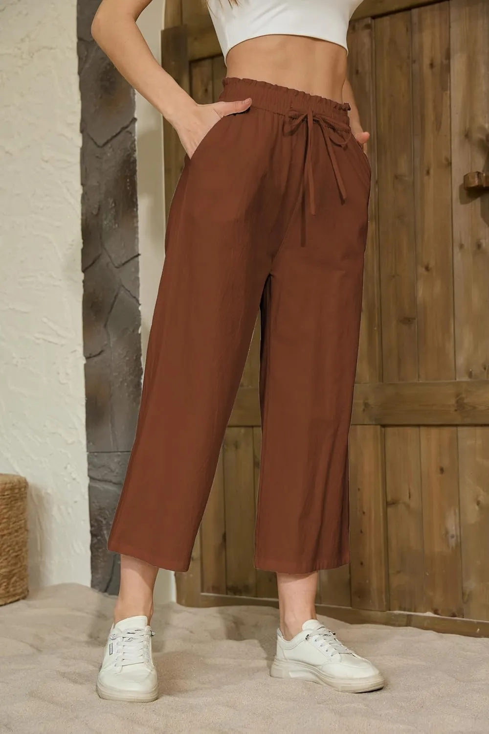 Womens Linen Pants Elastic High Waisted Wide Leg Drawstring Casual Loose Cropped Pants with Pockets