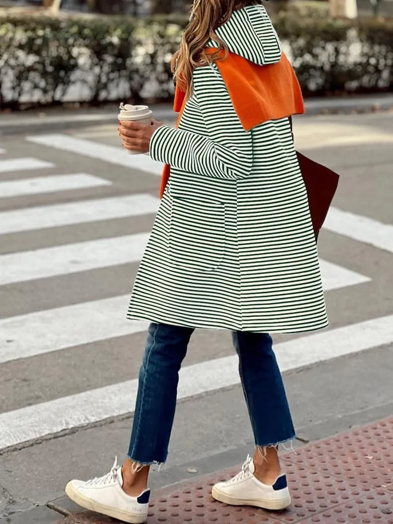 Womens Long Cardigan Color Block Striped Hooded Sweaters Jacket Button Down Long Coatigan Jackets Fall with Pockets