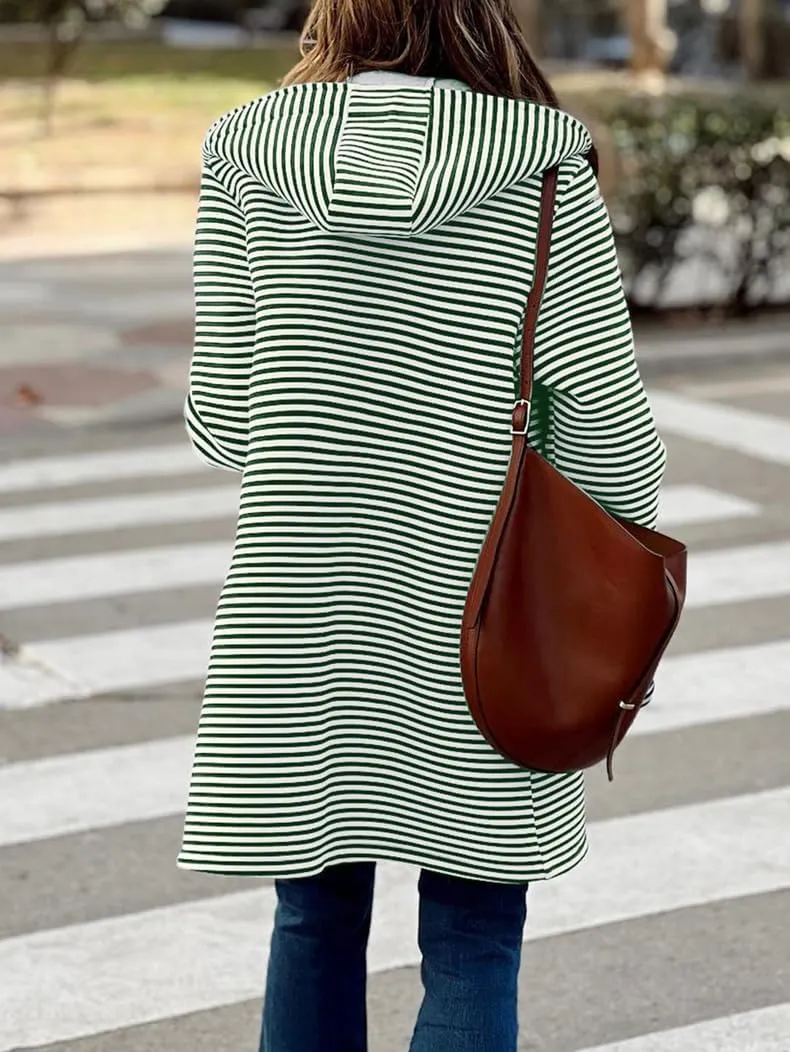 Womens Long Cardigan Color Block Striped Hooded Sweaters Jacket Button Down Long Coatigan Jackets Fall with Pockets