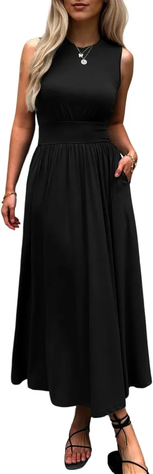 Women's Sleeveless Summer Maxi Dress Crewneck Casual Swing Pleated Long Dresses with Pockets