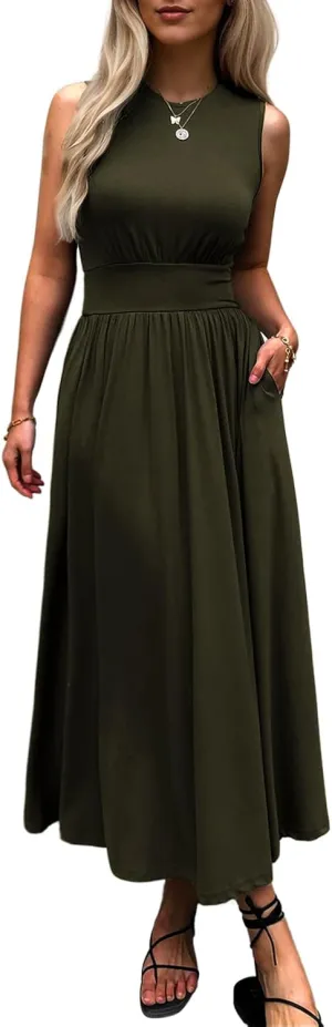 Women's Sleeveless Summer Maxi Dress Crewneck Casual Swing Pleated Long Dresses with Pockets