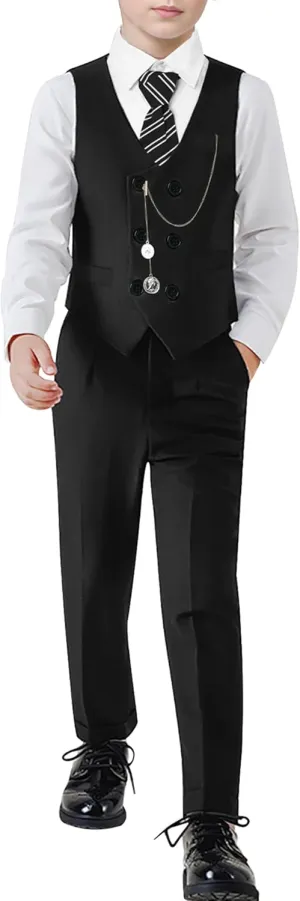ZOEREA Boys Suit Formal Dress Clothes Big Boy Wedding Outfit Vest Pants Dress Shirt Chain Adjustable Tie 6-10Y