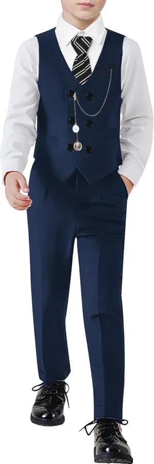 ZOEREA Boys Suit Formal Dress Clothes Big Boy Wedding Outfit Vest Pants Dress Shirt Chain Adjustable Tie 6-10Y