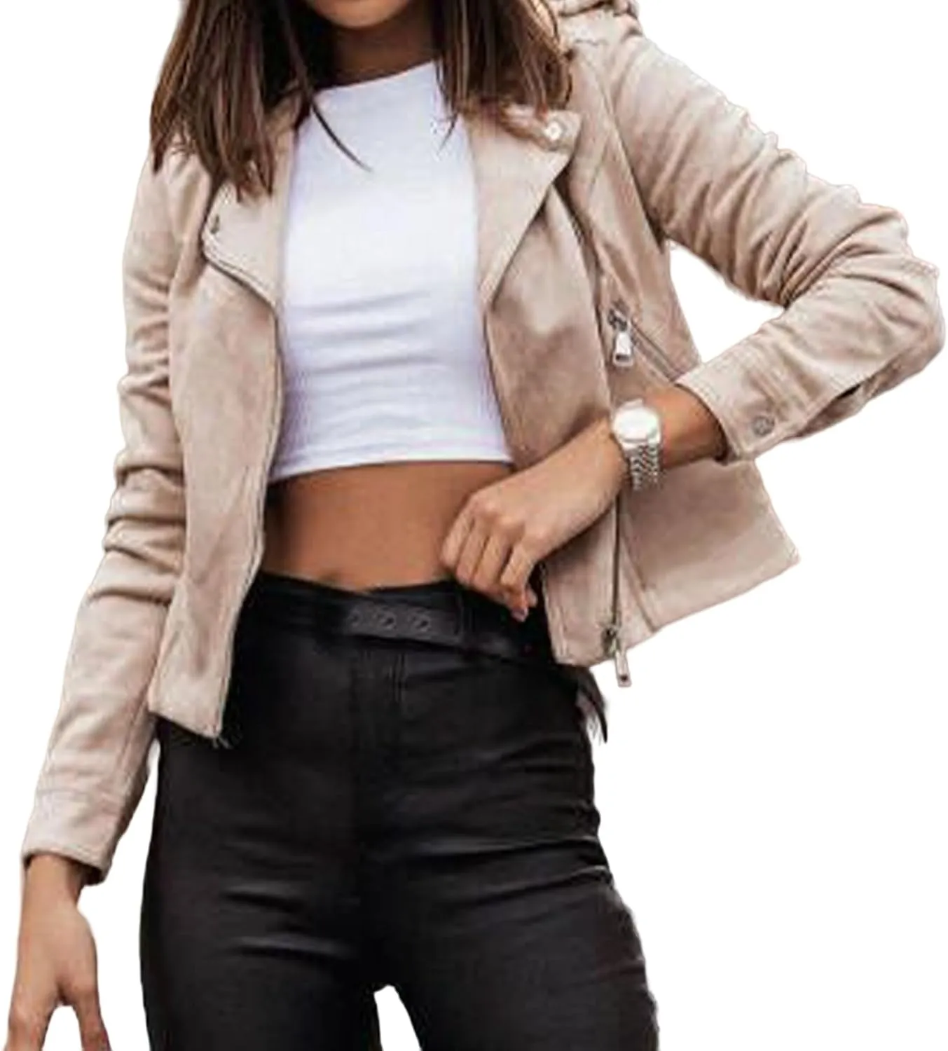 ZWRXW Faux Suede Leather Coats for Women Casual Asymmetric Zip Lapel Short Outwear Fall Fashion Moto Biker Jacket Coats