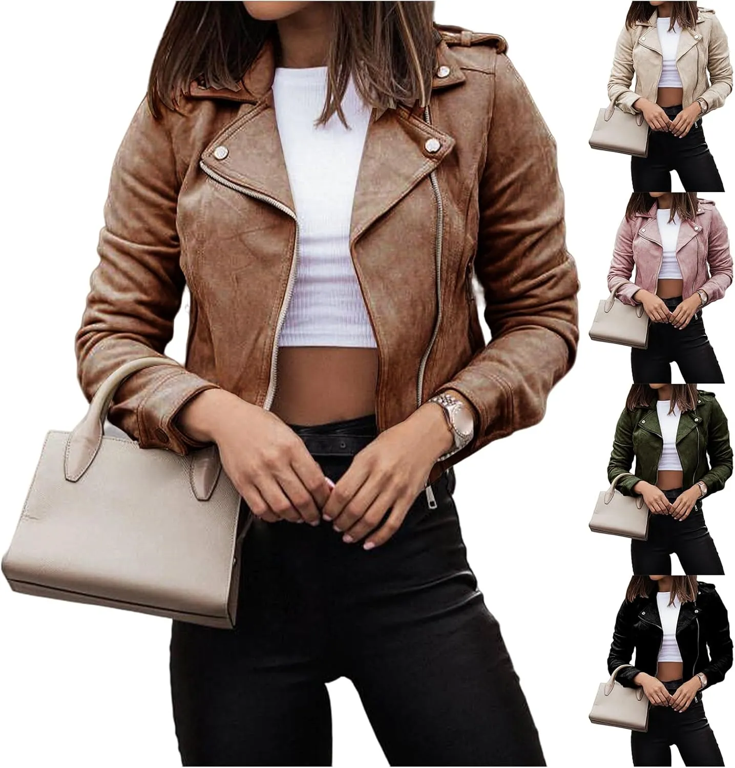 ZWRXW Faux Suede Leather Coats for Women Casual Asymmetric Zip Lapel Short Outwear Fall Fashion Moto Biker Jacket Coats